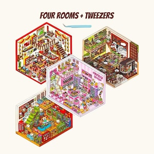 May include: Four isometric rooms with different themes: a candy shop, a chocolate shop, a cafe, and a grocery store. Each room is filled with colorful details and miniature figures.