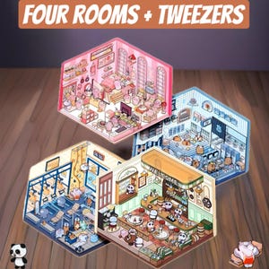 May include: Four miniature rooms with different themes, each featuring a panda character and various details. The rooms are pink, blue, green, and brown, and are arranged in a 3D perspective. The title "FOUR ROOMS + TWEEZERS" is displayed at the top of the image.