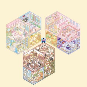 May include: A colorful illustration of three multi-level dollhouses with different themes. The first dollhouse is a pastel pink and blue with a bakery theme. The second dollhouse is a pastel green and yellow with a panda theme. The third dollhouse is a pastel purple and orange with a spa theme. Each dollhouse has multiple levels and rooms with different furniture and decorations.