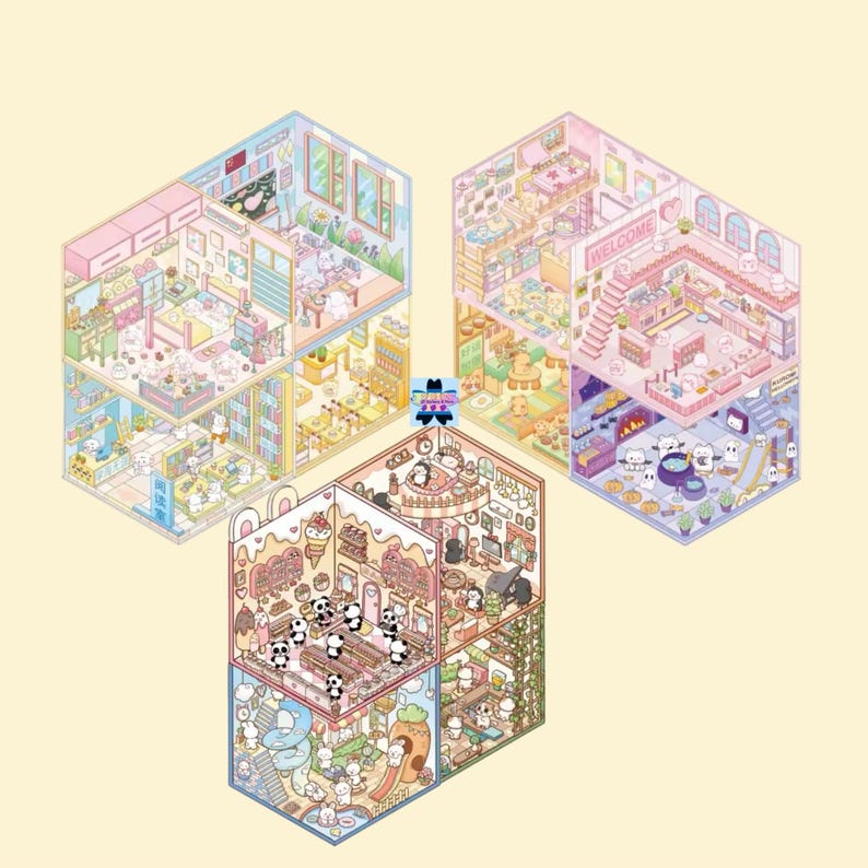 May include: A colorful illustration of three multi-level dollhouses with different themes. The first dollhouse is a pastel pink and blue with a bakery theme. The second dollhouse is a pastel green and yellow with a panda theme. The third dollhouse is a pastel purple and orange with a spa theme. Each dollhouse has multiple levels and rooms with different furniture and decorations.