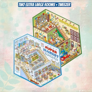 May include: A colorful illustration of a two-story building with a supermarket on the bottom floor and a bookstore on the top floor. The supermarket has a blue and white color scheme and the bookstore has a green and brown color scheme. Both stores are filled with various items and have stairs leading to the upper floor. The illustration is in a cartoon style and features small people and animals.