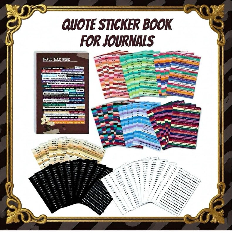 May include: A collection of quote sticker books for journals. The image shows a variety of sticker sheets in different colors and patterns, including a brown book with text and several stacks of colorful stickers.