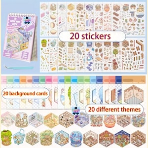 May include: A set of 20 miniature scene stickers and 20 background cards. The stickers feature various themes, including a snow globe, a bakery, and a library. The background cards are colorful and feature a checkered pattern.