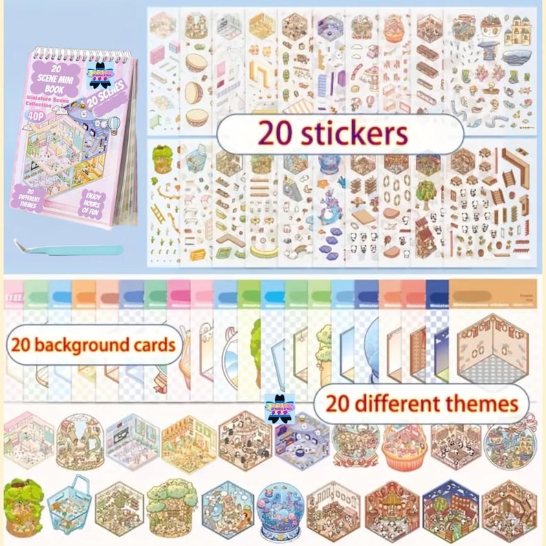 May include: A set of 20 miniature scene stickers and 20 background cards. The stickers feature various themes, including a snow globe, a bakery, and a library. The background cards are colorful and feature a checkered pattern.