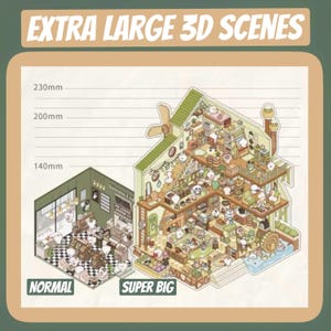 May include: A 3D illustration of a bakery with a super big and normal size option. The bakery is filled with details and characters. The super big option is 230mm tall, 200mm wide, and 140mm deep. The normal option is smaller.