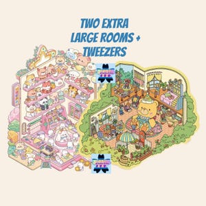 May include: A colorful illustration of a miniature dollhouse with two extra large rooms and tweezers. The dollhouse is filled with small, cute animal figurines and furniture. The text "TWO EXTRA LARGE ROOMS + TWEEZERS" is written in a whimsical font at the top of the image.