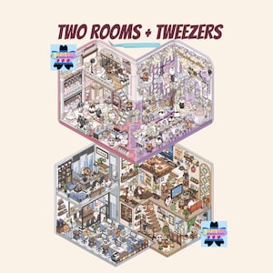 May include: A digital illustration of two rooms, one decorated for a wedding and the other as an office, with a variety of characters and objects. The rooms are connected by a staircase and a bridge. The text "TWO ROOMS + TWEEZERS" is at the top of the image.
