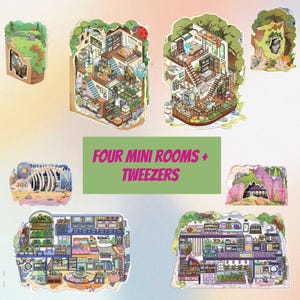 May include: A collection of miniature room models, each with detailed interior designs, including furniture and plants. The models are surrounded by natural elements like trees and rock formations. The text "FOUR MINI ROOMS + TWEEZERS" is displayed on a green background.