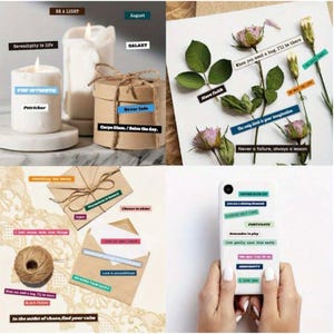 May include: A collage of inspirational stickers with various quotes and phrases. The stickers are in different colors and fonts. The image also includes candles, a wrapped gift, dried flowers, an open envelope, a ball of twine, and a smartphone.