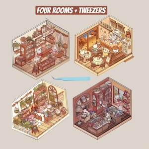May include: Four miniature room dioramas with a whimsical theme. Each room features a different setting, including a bakery, a coffee shop, a plant shop, and a bookstore. The rooms are decorated with cute animal characters and furniture.