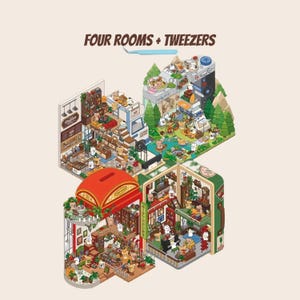 May include: Four miniature rooms with different themes, each with a unique design and details. The rooms are arranged in a circular pattern, with a red and gold room in the center. The rooms are filled with furniture, plants, and other objects, creating a whimsical and charming scene.