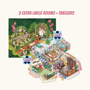 May include: A colorful illustration of a dollhouse with two extra large rooms and tweezers. The dollhouse has a kitchen, a bathroom, a bedroom, and a living room. The dollhouse is surrounded by a green lawn and flowers.