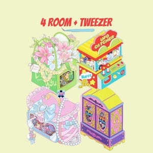 May include: Four colorful miniature room sets with a pink and blue vanity, a green floral gift bag, a yellow and red arcade game with the text "UFO Catcher", and a purple and gold cabinet with the text "4 ROOM + TWEEZER".