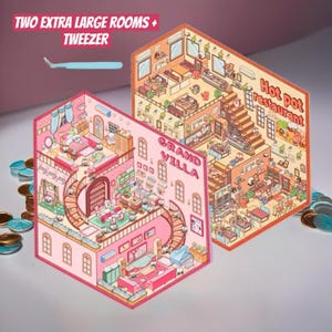 May include: A pink and white miniature dollhouse with two levels and a spiral staircase. The dollhouse has a pink roof and a white base. The dollhouse is decorated with furniture and accessories. The dollhouse is labeled "Grand Villa". A second dollhouse is shown in the background, with a brown roof and a yellow base. The dollhouse is labeled "Hot Pot Restaurant".