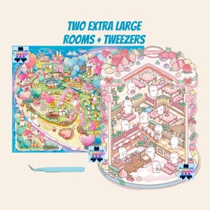 May include: Two extra-large, colorful jigsaw puzzles with whimsical illustrations of a park and a house, featuring cartoon characters. A light blue tweezer is included. Text on the image reads: "TWO EXTRA LARGE ROOMS + TWEEZERS."
