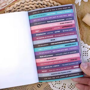 May include: Open notebook with colorful strips of text. Phrases include "Tranquil Essence," "Your journey starts now," and "Find happiness in small things." The notebook is open to a blank page.