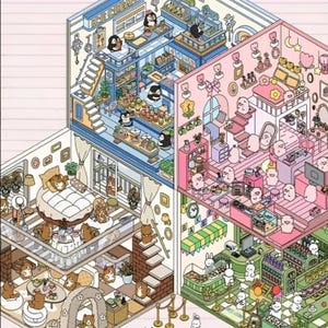4 (3D) 7.5 x 4.7 Isometric Kawaii Scene Rooms. (4) Bunny Shop, Hut, Loft, Ice Cream Shop. Reusable Waterproof PET Material.
