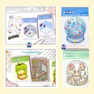 May include: Four different miniature scene sticker books with colorful illustrations. Each book features a different scene inside a glass dome. The scenes include an ocean, a secret flower room, a treehouse, and a room with a checkered floor. The books are all spiral bound and have a white background with black text.