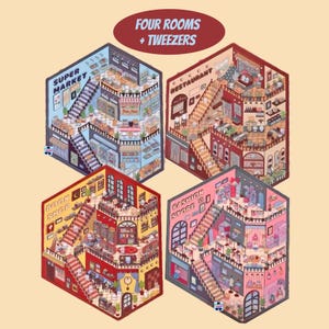 May include: Four illustrated rooms, each with a different theme: a super market, a restaurant, a book shop, and a fashion store. Each room is a 3D isometric design with a staircase and various details. The title "Four Rooms + Tweezers" is at the top of the image.