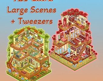 2 (3D) Extra Large Isometric Kawaii Landscaping Sticker Scene Rooms. Reusable Stacking Waterproof PET Materials.