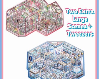 2 (3D) 11 x 8 Extra Large Isometric Kawaii Landscaping Sticker Scene Rooms. Reusable Stacking Waterproof PET Materials.