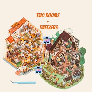 May include: Two rooms with miniature figures, one with pandas and the other with chickens. The rooms are connected by a path and a pair of tweezers are shown in the bottom left corner. The text "TWO ROOMS + TWEEZERS" is at the top of the image.