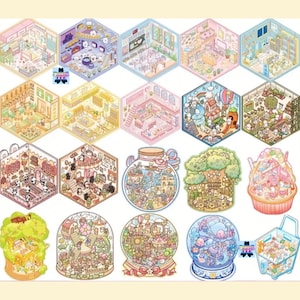 May include: A collection of 16 colorful illustrations featuring various scenes, including a bakery, a treehouse, a jar with a castle inside, and a snow globe with a carousel. Each illustration is surrounded by a white border and has a hexagonal or circular shape.