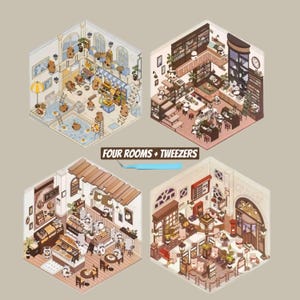 May include: Four isometric illustrations of rooms with different themes, each featuring a variety of small animal figures. The rooms include a pool, a library, a bakery, and a cafe. The text "FOUR ROOMS + TWEEZERS" is displayed above the images.