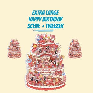 May include: A large, multi-tiered birthday cake decorated with pink frosting, colorful sprinkles, and cartoon animals. The cake is surrounded by a pink and white border. The text "Happy Birthday" is written on the cake. The image also includes a pair of tweezers.