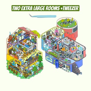 May include: Two colorful illustrations of rooms with many details. The rooms are shaped like a can and a house. The can has the words "Canned Fish" on it. The house has a chimney and a tree in the yard. Both rooms are filled with small figures of penguins.