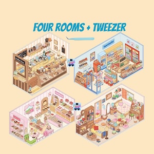 4 (3D) Isometric Kawaii Sticker Landscaping Scene Rooms. Reusable Waterproof PET Material.