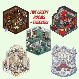 5 (3D) Creepy Isometric Kawaii Landscaping Sticker Scene Rooms. Reusable Stacking Waterproof PET Materials.