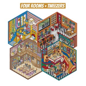 May include: A colorful illustration of four rooms, each with a different theme: a playroom, a record store, a library, and a candy shop. Each room is filled with details and features small cartoon dogs.