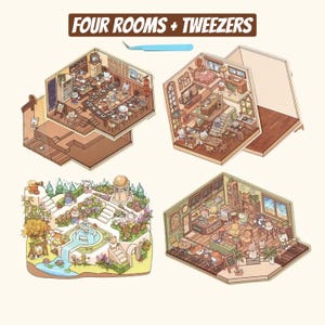 May include: Four illustrated rooms with a garden theme. Each room features a different design and is filled with cute animal characters. The rooms are arranged in a square shape with a title at the top that reads "FOUR ROOMS + TWEEZERS".
