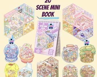 20 Mini-Designed 3D Isometric Kawaii Landscaping Scene Sticker Book. Reusable Waterproof PET Materials.