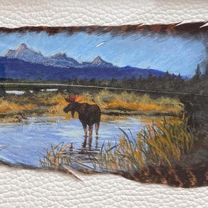 Elch am Rand des Snake River: Teton Mountains, Acryl-Landschaftsmalerei