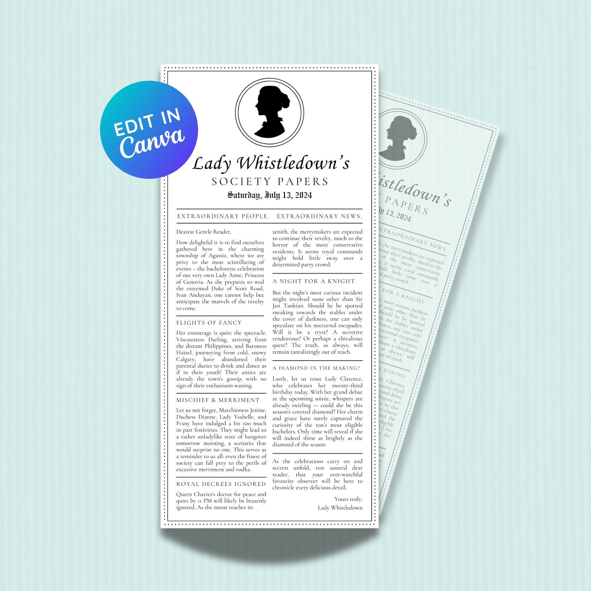 Bridgerton Lady Whistledown Paper | Bachelorette Tea Party | Bridal Shower | Birthday | Editable Template & Print at Home | Digital Download