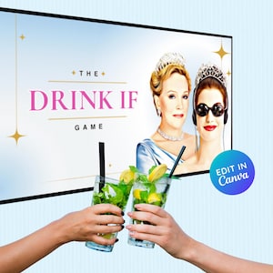 May include: A printable "The Drink If" game featuring two women in crowns. The game is set against a light blue background with gold stars. The text "The Drink If Game" is in pink letters. The image also includes a blue button with the text "Edit in Canva".