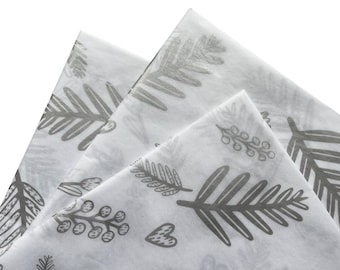 SILVER SPRIG tissue paper sheets gift present wrapping craft supply retail store packaging metallic silver white leaf Christmas holiday nye