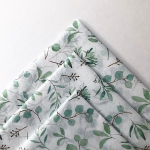 EUCALYPTUS SPRIG tissue paper sheets / gift present wrapping craft supply retail store packaging diy leaves green white plants vintage