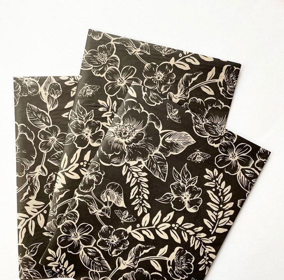 MOODY FLORAL tissue paper sheets gift present wrapping craft supply retail store packaging diy Flowers black gold poppy dark gothic modern Il_570xn