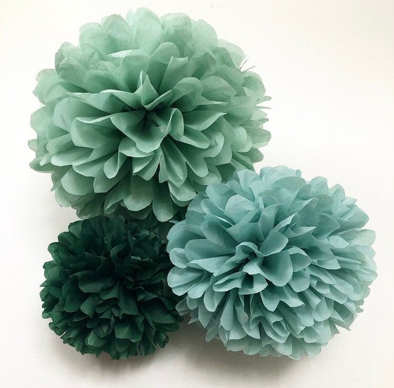 COOL BLUE GREENS tissue paper flower pompoms eucalyptus aqua blue hunter decorations baby boy shower first birthday photo party prop Il_570xn
