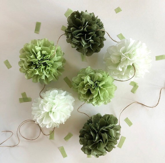 GARDEN SAGE mini pompom garland boy baby bridal shower engagment party prop first birthday party decorations moss green bar mitzvah grad Il_570xn