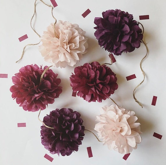 BURGUNDY ROSE mini pompom garland baby bridal brunch shower photo fall theme birthday party decoration dusty pink aubergine wine engagement Il_570xn