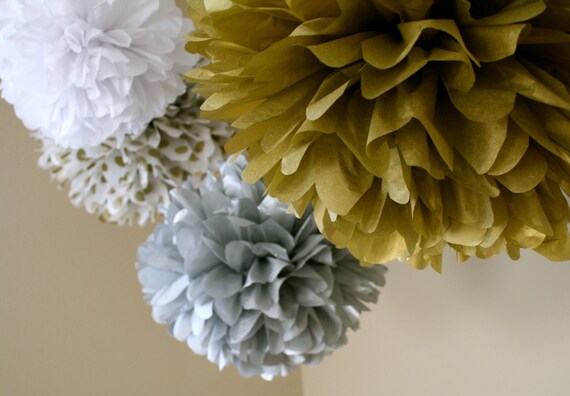 NYE tissue paper pompoms new years eve party decorations shiny gold silver anniversary metallic white polkadot engagement ideas wedding glam Il_570xn