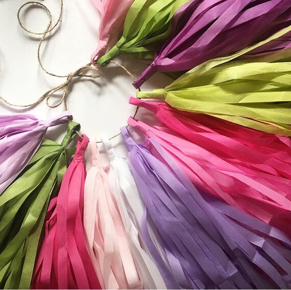 GARDEN TEA PARTY tassel garland decorations pink purple green baby bridal shower brunch cake table runner baby high chair banner Il_570xn