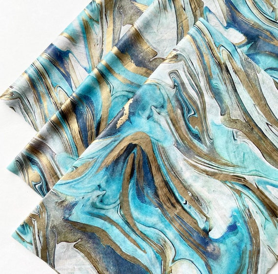 BLUE & GOLD MARBLE tissue paper sheets / gift present wrapping craft supply retail store packaging diy fancy shiny swirl agate marbled Il_570xn