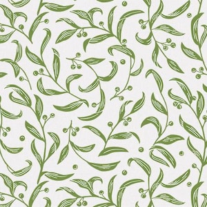 May include: A seamless pattern featuring green leaves and berries on a white background. The leaves are stylized and have a vintage look.