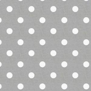 May include: A seamless pattern of white polka dots on a gray background.