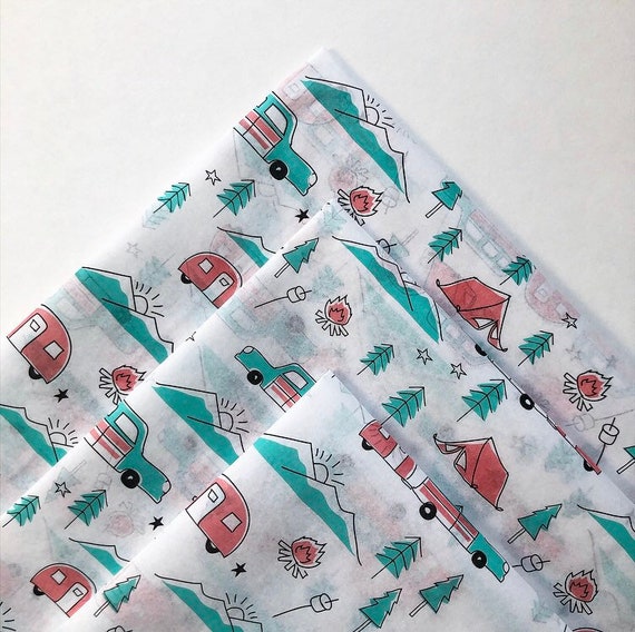 HAPPY CAMPER tissue paper sheets / gift present wrapping craft supply retail store packaging diy camping theme pink green outdoors adventure Il_570xn